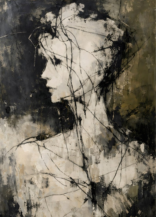 Portrait contemporain minimaliste aux traits expressifs
