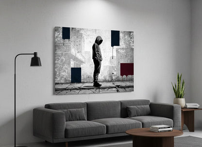 Silhouette urbaine minimaliste installée dans un salon contemporain, ambiance loft industrielle et design.
