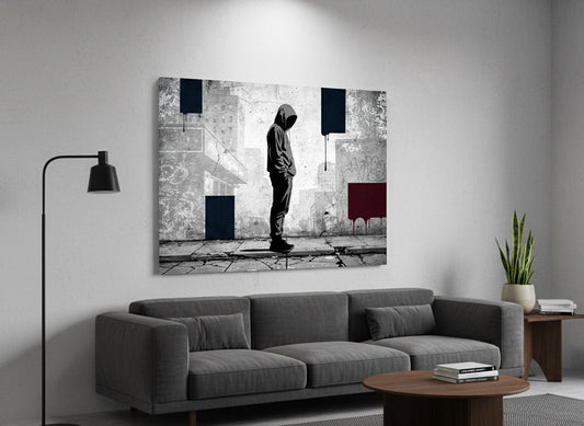 Silhouette urbaine minimaliste installée dans un salon contemporain, ambiance loft industrielle et design.
