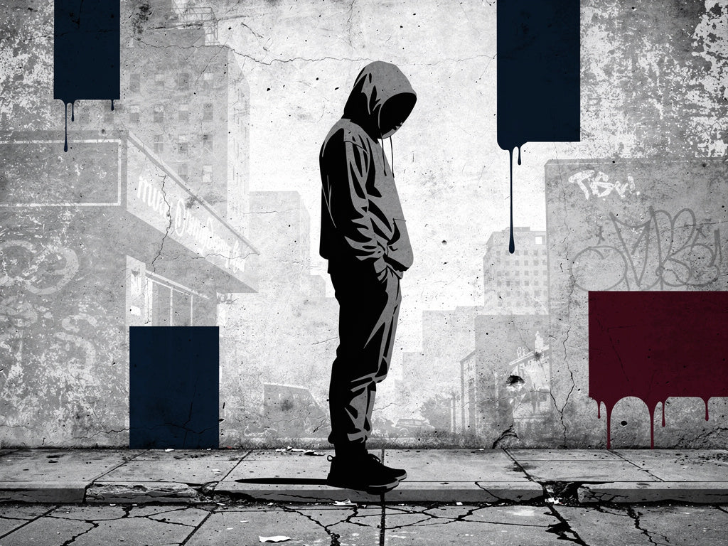 Silhouette encapuchonnée en style street art minimaliste, textures béton et contrastes graphiques contemporains.
