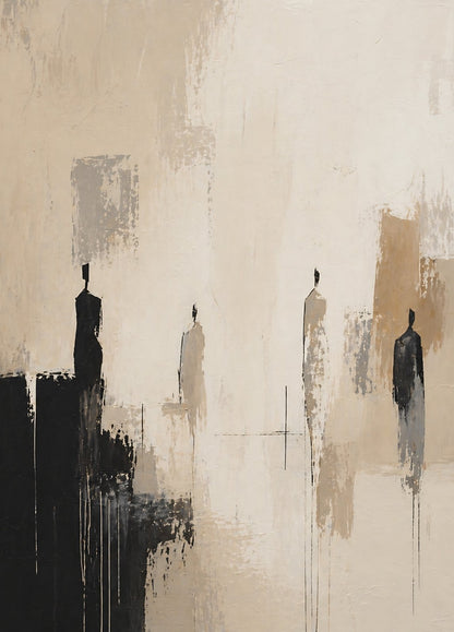 Oeuvre figurative avec silhouettes allongées dans une composition beige et noire minimaliste
