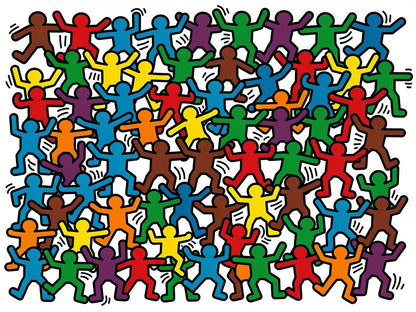 Silhouettes humaines colorées style pop art inspiré univers Haring personnages danse
