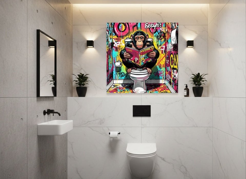 Tableau singe street art accroché dans loft moderne ambiance urbaine colorée et décalée
