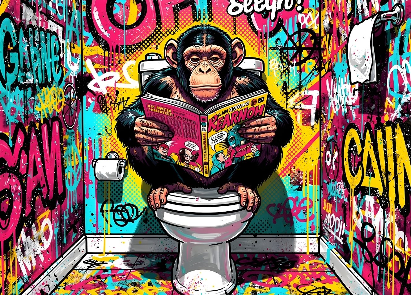 Tableau singe street art lisant magazine pop graffiti coloré décoration murale urbaine contemporaine
