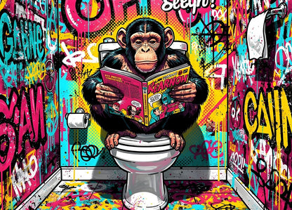 Tableau singe street art lisant magazine pop graffiti coloré décoration murale urbaine contemporaine

