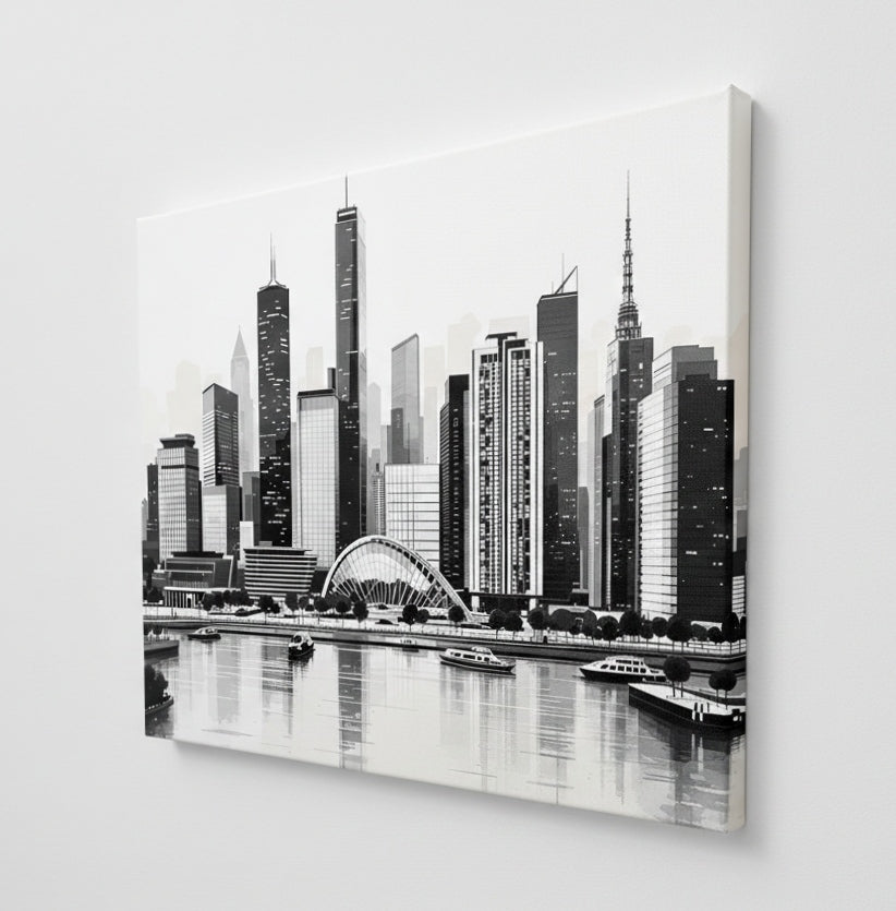 Détail architectural de la skyline iconique avec reflets urbains