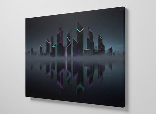 Tableau contemporain skyline cyberpunk pour salon moderne sombre
