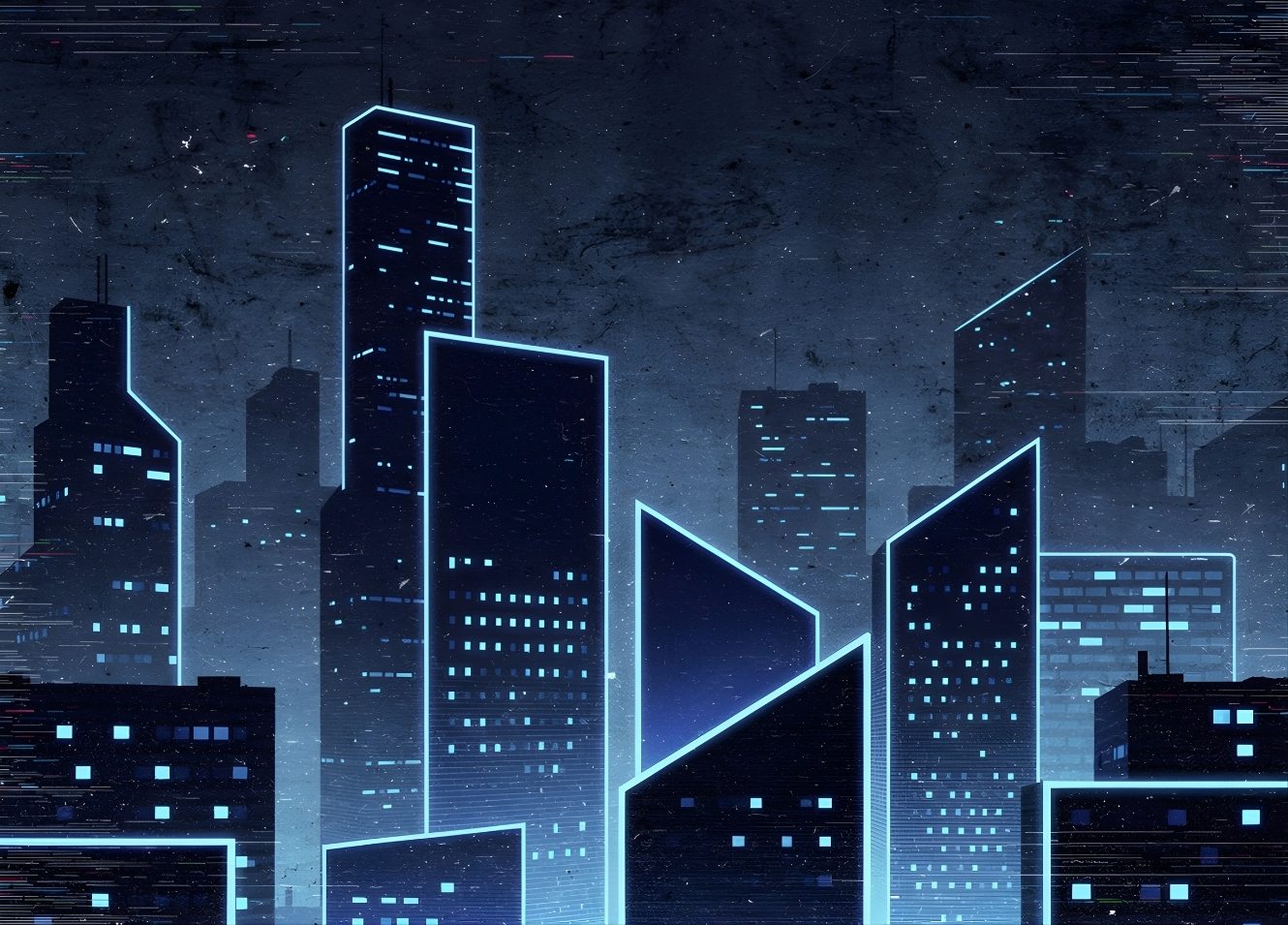 Skyline futuriste bleu électrique tableau moderne néon ville nocturne
