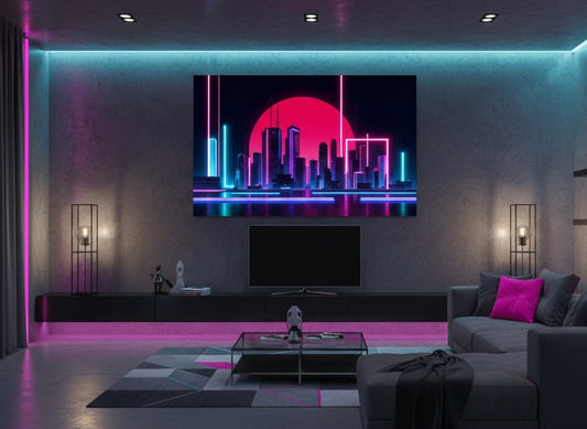 Tableau mural futuriste dans salon moderne
