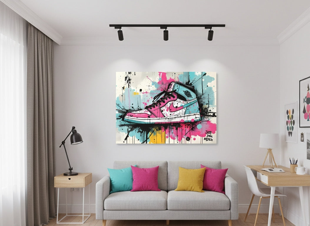 Tableau sneaker street art dans un intérieur moderne
