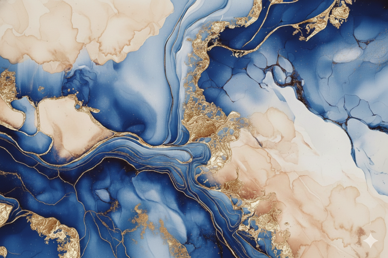 Tableau abstrait bleu et beige vue de face
