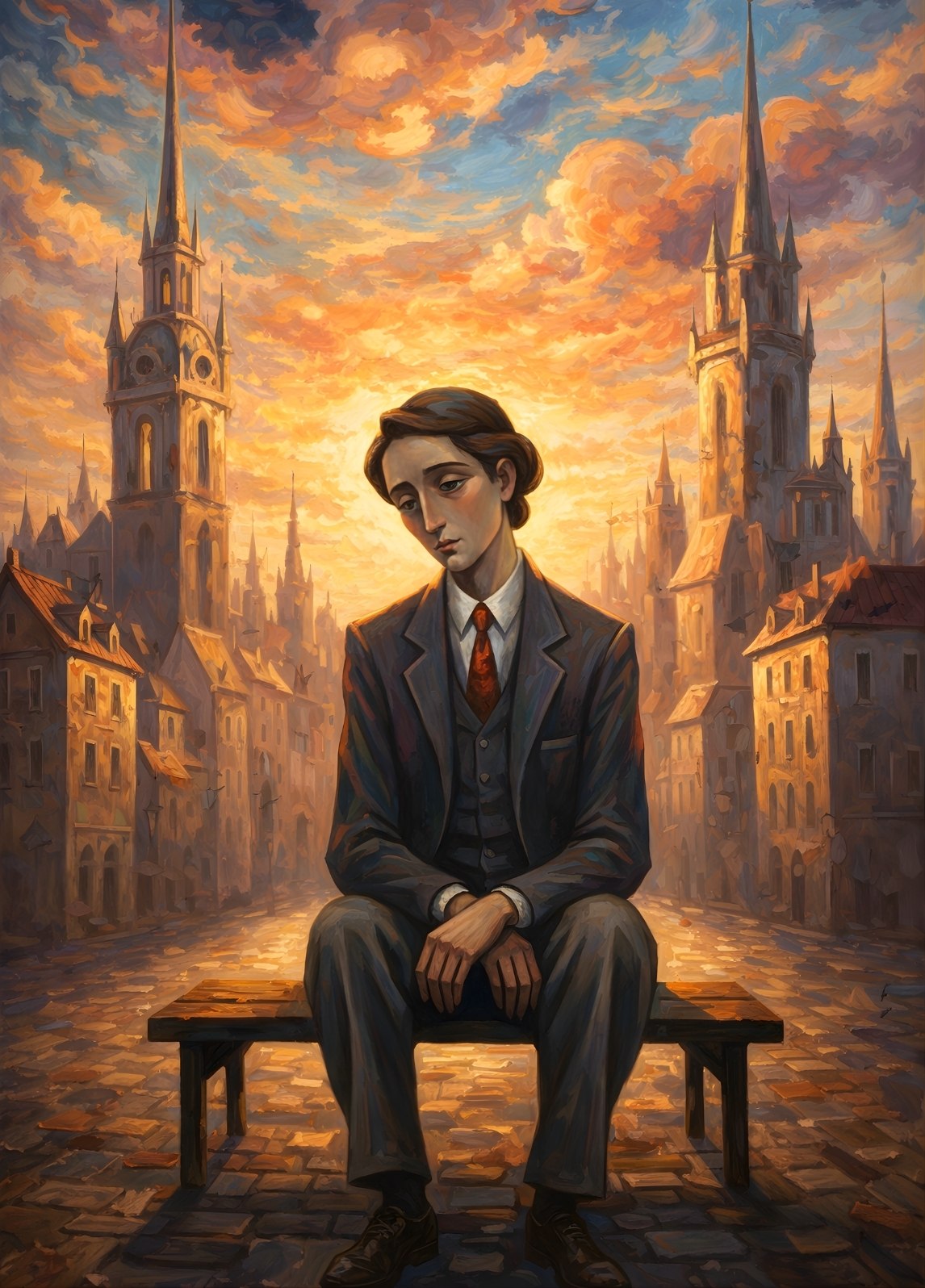 Peinture figurative contemporaine scène urbaine coucher de soleil
