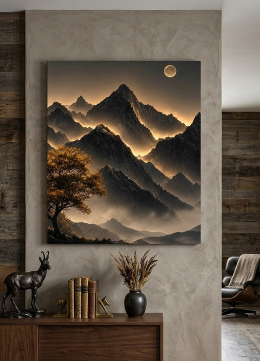 Paysage de montagne avec lune et lumière dorée traversant des sommets escarpés dans une atmosphère contemplative
