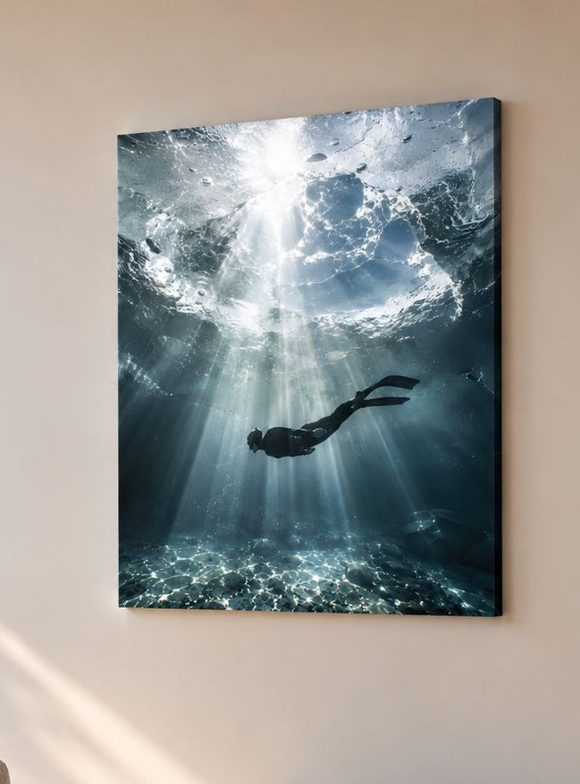 Plongeur évoluant sous l'eau dans les rayons du soleil
