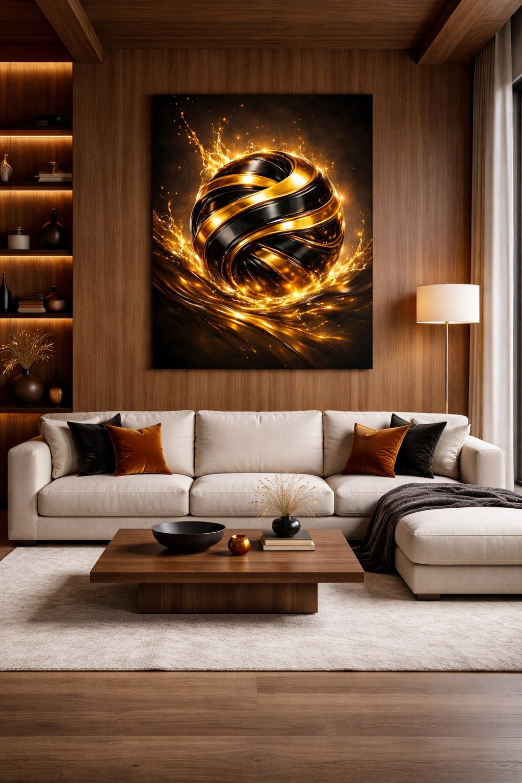 Tableau sphère dorée accroché dans un salon moderne ambiance luxe et contemporaine
