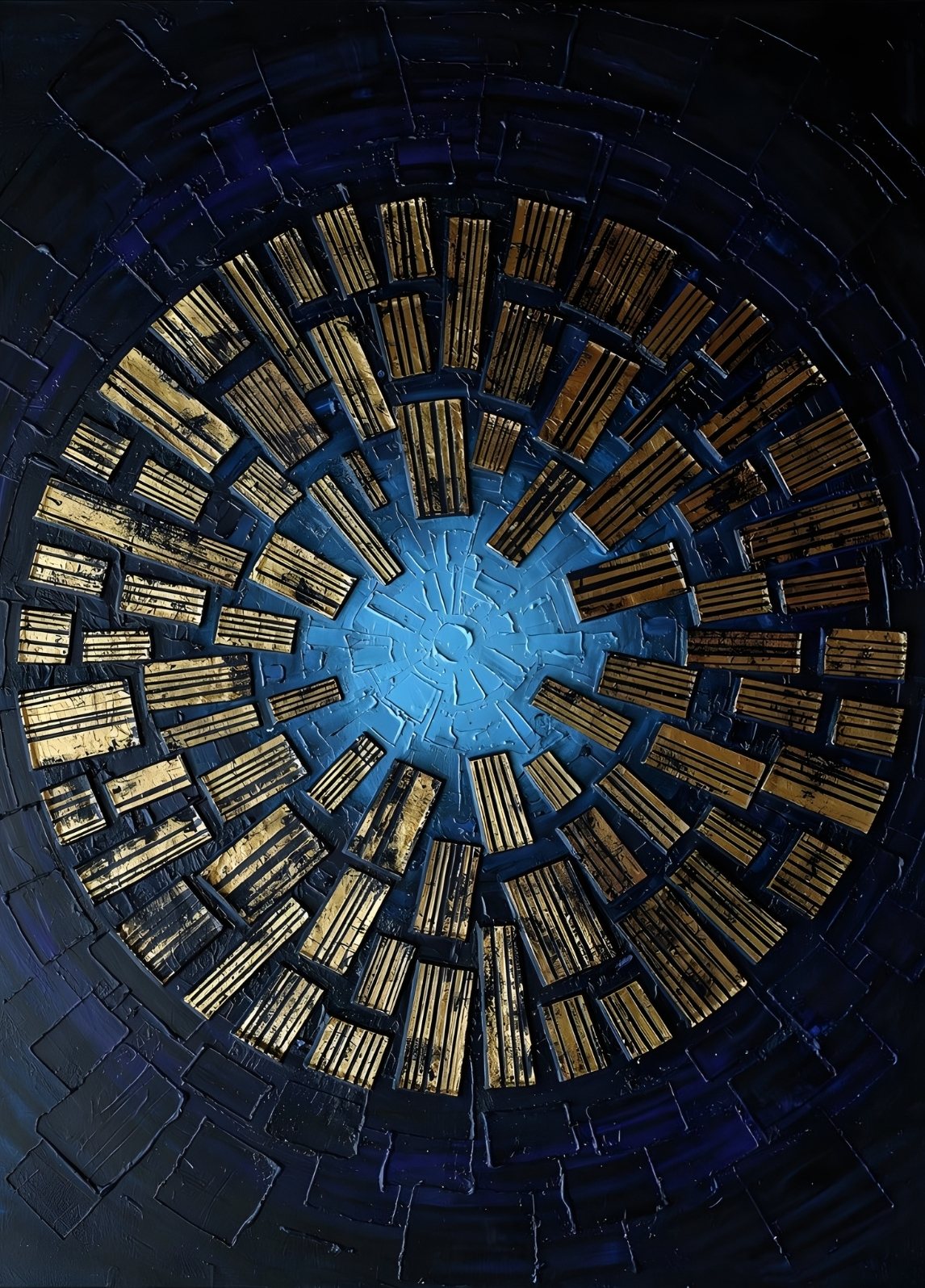 Spirale géométrique bleu et or avec effet architectural et profondeur visuelle contemporaine
