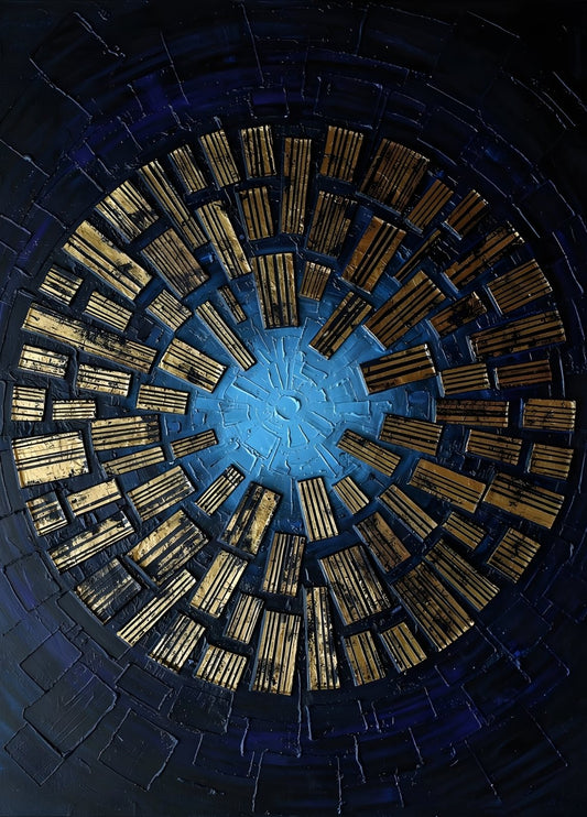 Spirale géométrique bleu et or avec effet architectural et profondeur visuelle contemporaine
