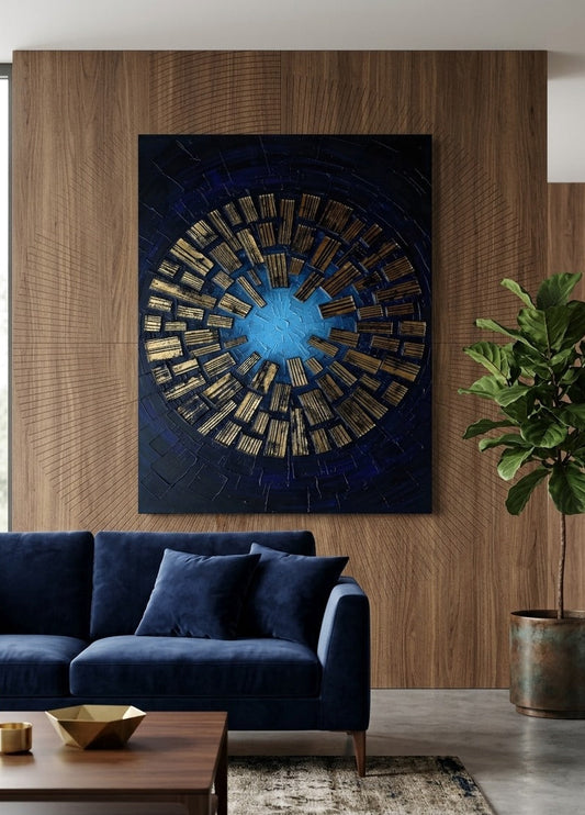 Tableau spirale bleu et or accroché dans un salon moderne ambiance design et contemporaine
