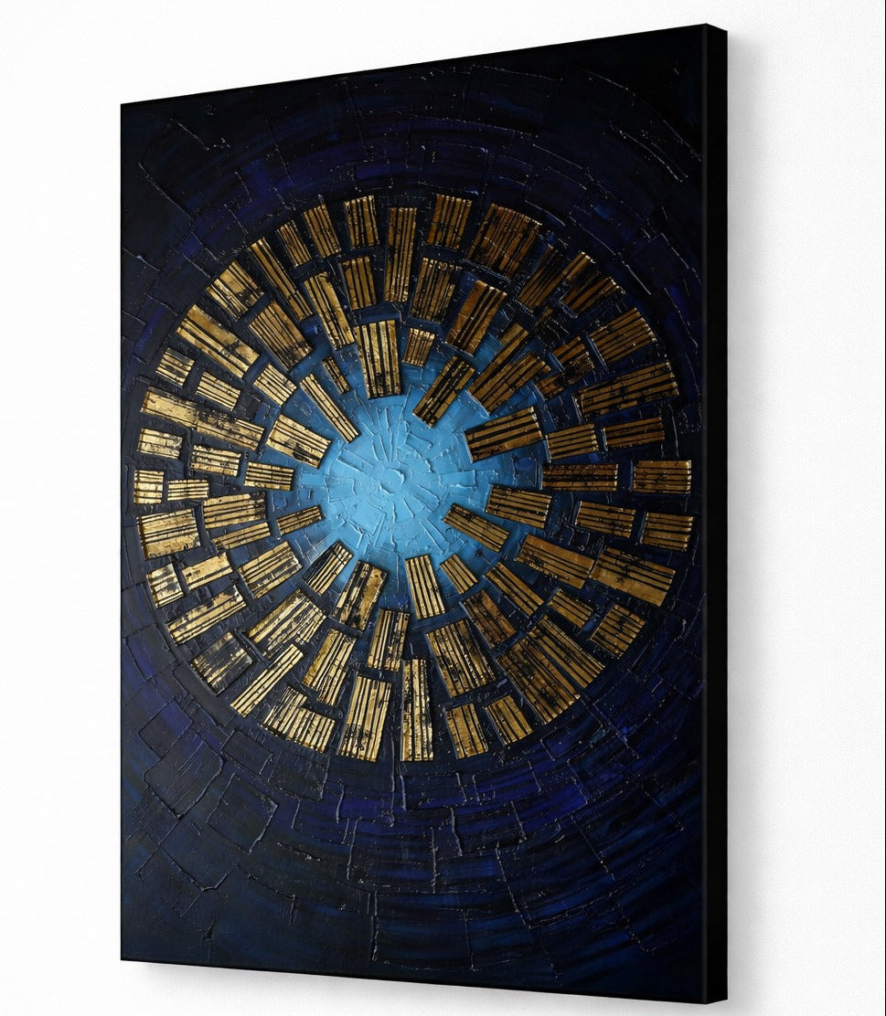 Vue de profil toile tableau spirale géométrique avec textures et impression haute définition
