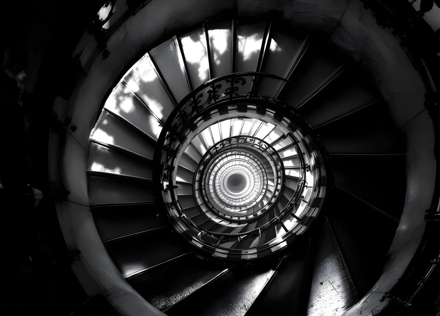 Vue en spirale d’un escalier architectural en photographie noir et blanc
