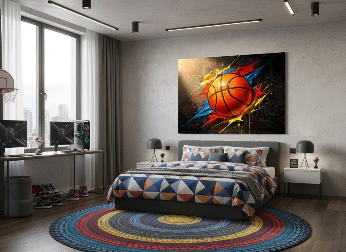 Art mural sport urbain, ballon de basket dynamique – Dunk Chromatique
