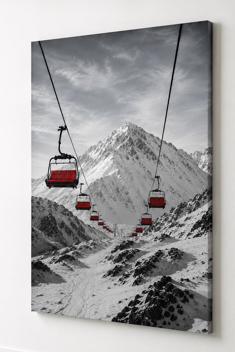 Tableau station de ski en noir et blanc ponctué de télésièges rouges dans un spectaculaire paysage de haute montagne.
