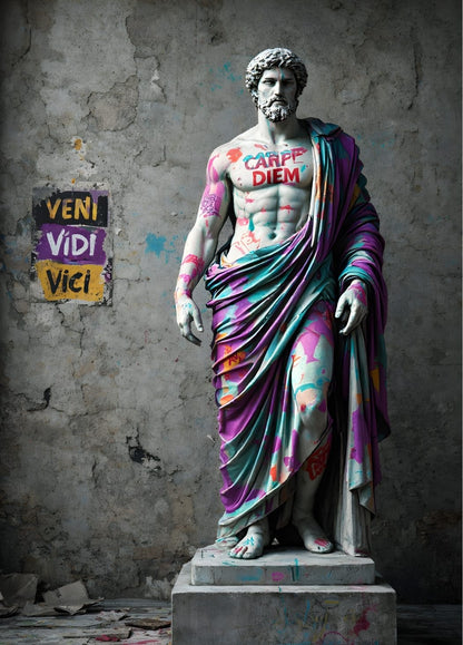 Tableau statue grecque revisitee street art inscription carpe diem graffiti couleurs contemporaines

