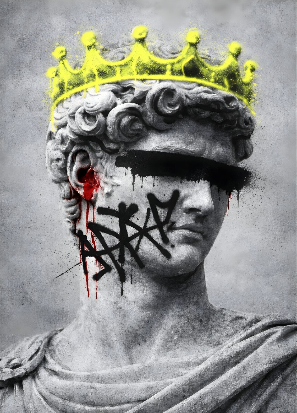 Tableau statue antique graffiti yeux masques couronne jaune fluo style street art
