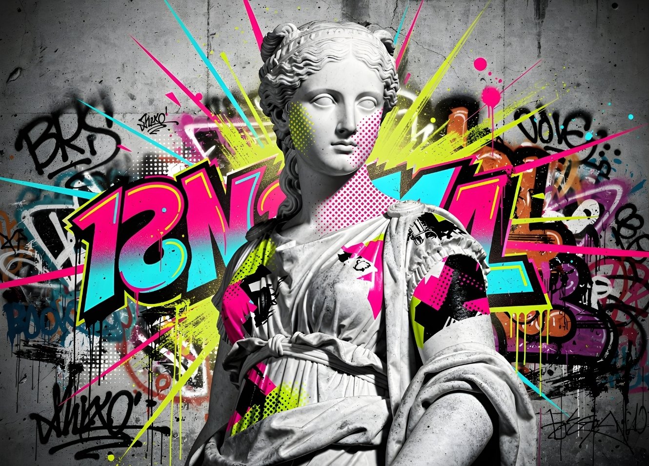 Statue grecque antique graffiti pop art couleurs néon street art urbain
