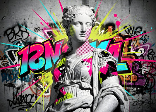 Statue grecque antique graffiti pop art couleurs néon street art urbain
