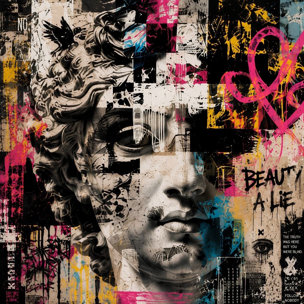 Tableau statue femme street art avec visage sculptural, collages urbains et touches de peinture rose, jaune et turquoise
