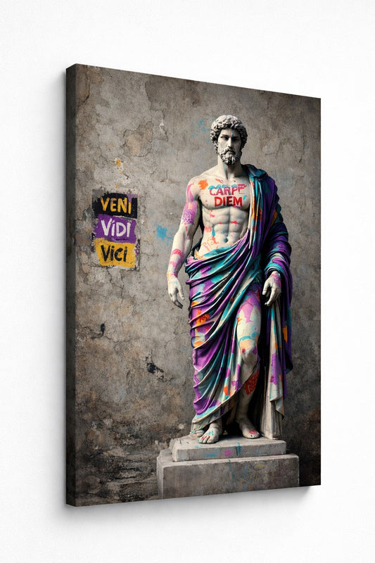 Tableau contemporain statue antique graffiti couleurs vives style art urbain
