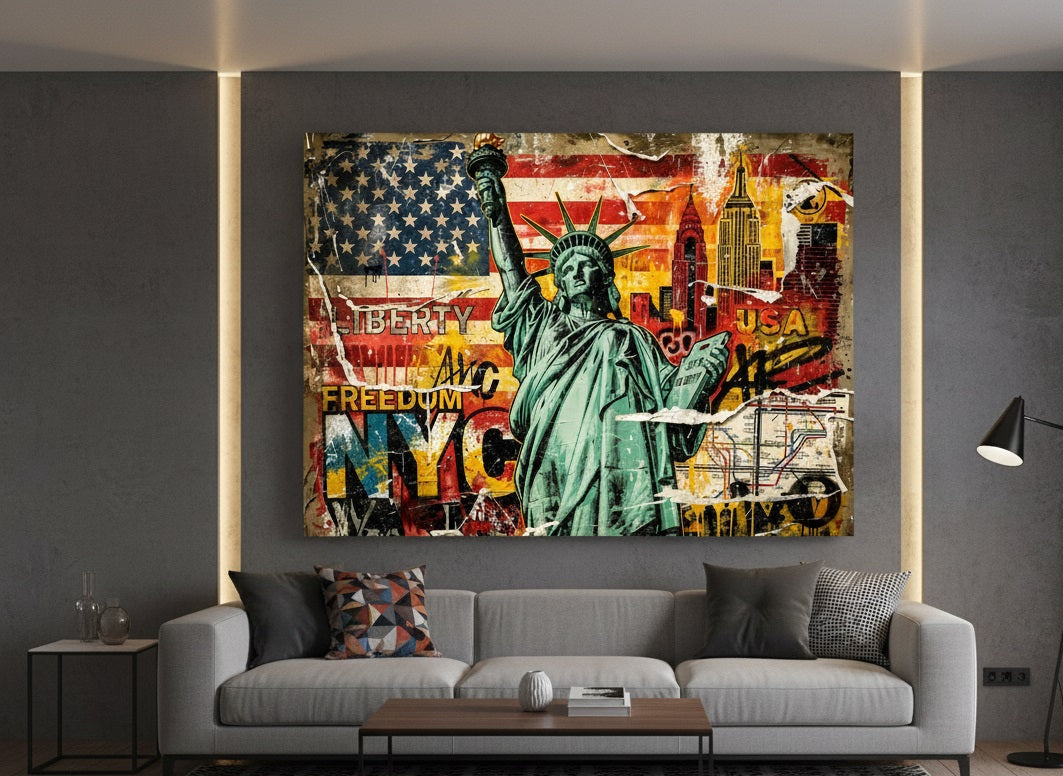 Décoration murale new yorkaise dans un salon contemporain, ambiance urbaine et iconique.
