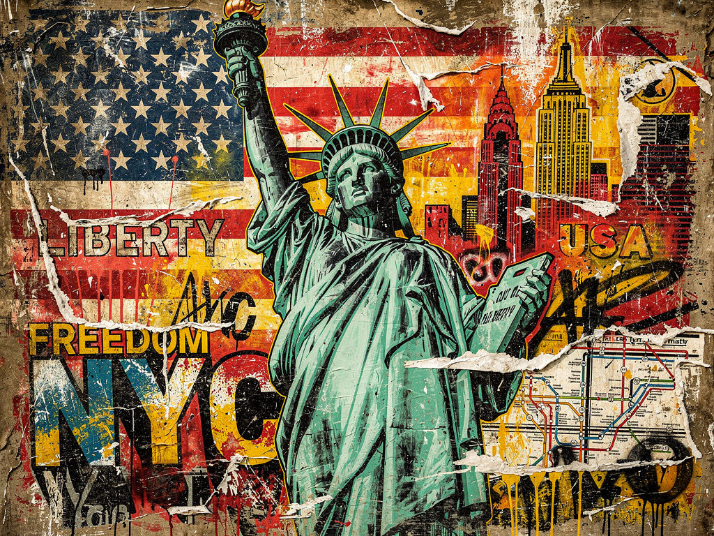 Statue de la Liberté style collage urbain avec skyline NYC, création exclusive Iconik-Art.
