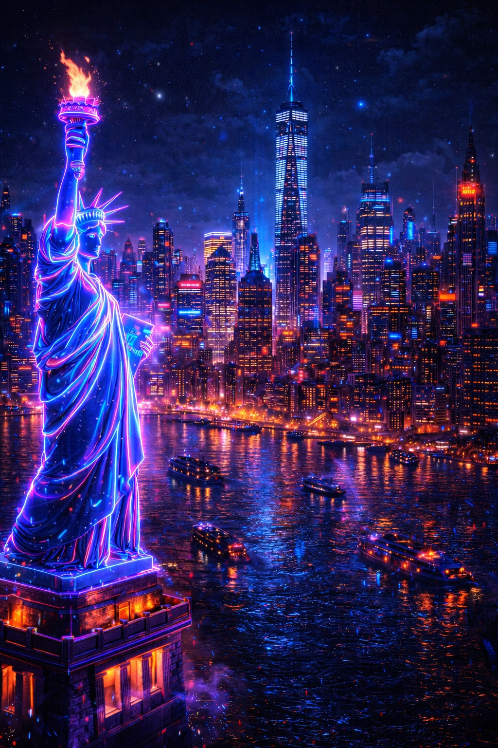 Tableau Statue de la Liberté néon cyberpunk vue de face
