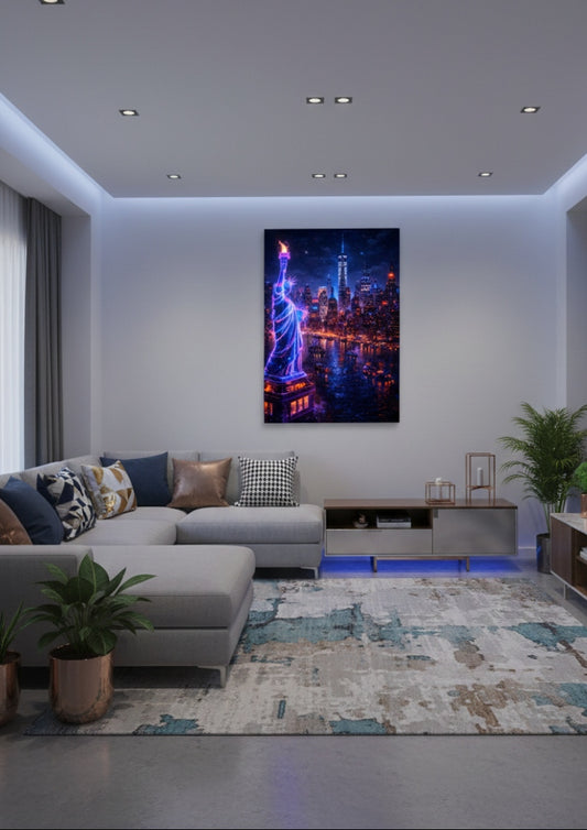 Tableau Statue de la Liberté néon cyberpunk en situation intérieure
