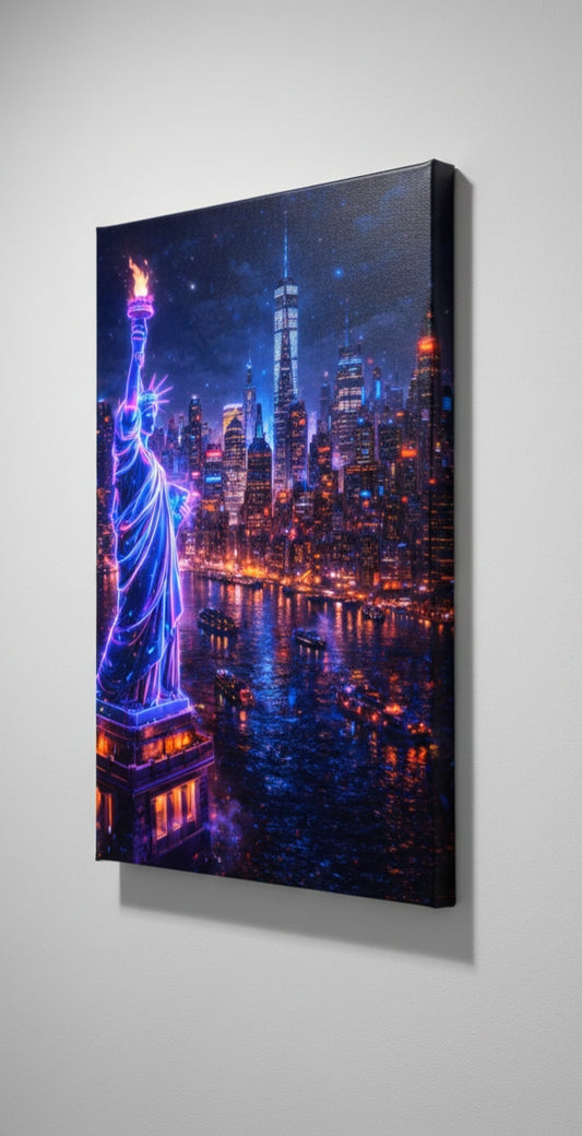 Toile Statue de la Liberté néon cyberpunk vue de profil
