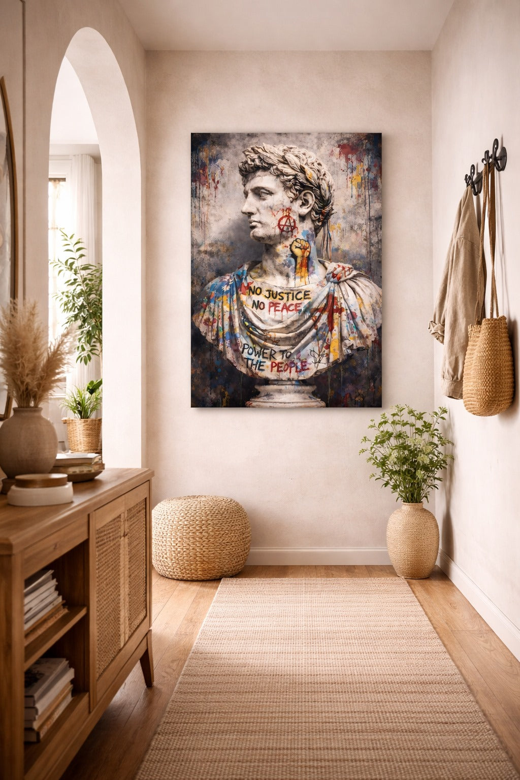 Statue romaine graffiti accrochée dans loft moderne décoration murale street art
