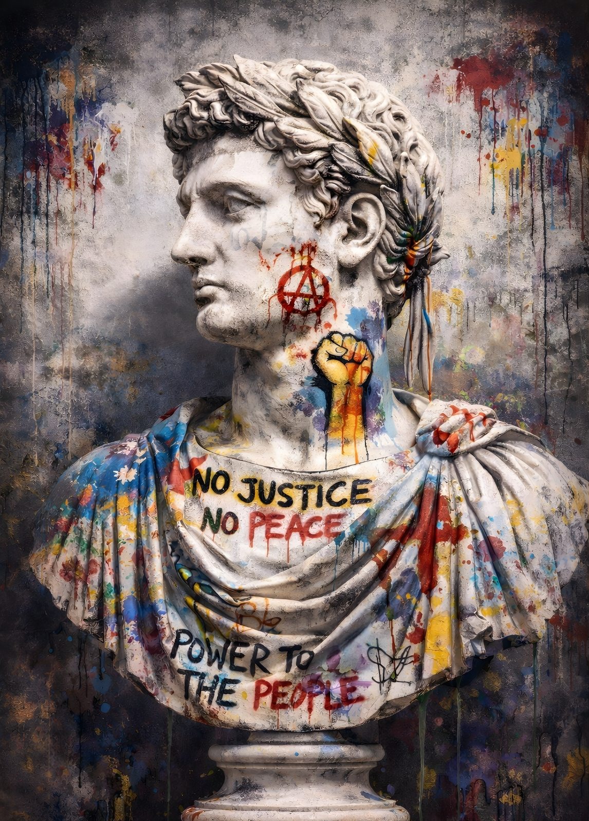 Statue romaine antique graffiti peinture colorée symbole révolution art urbain
