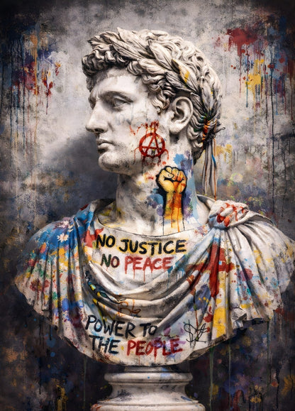 Statue romaine antique graffiti peinture colorée symbole révolution art urbain
