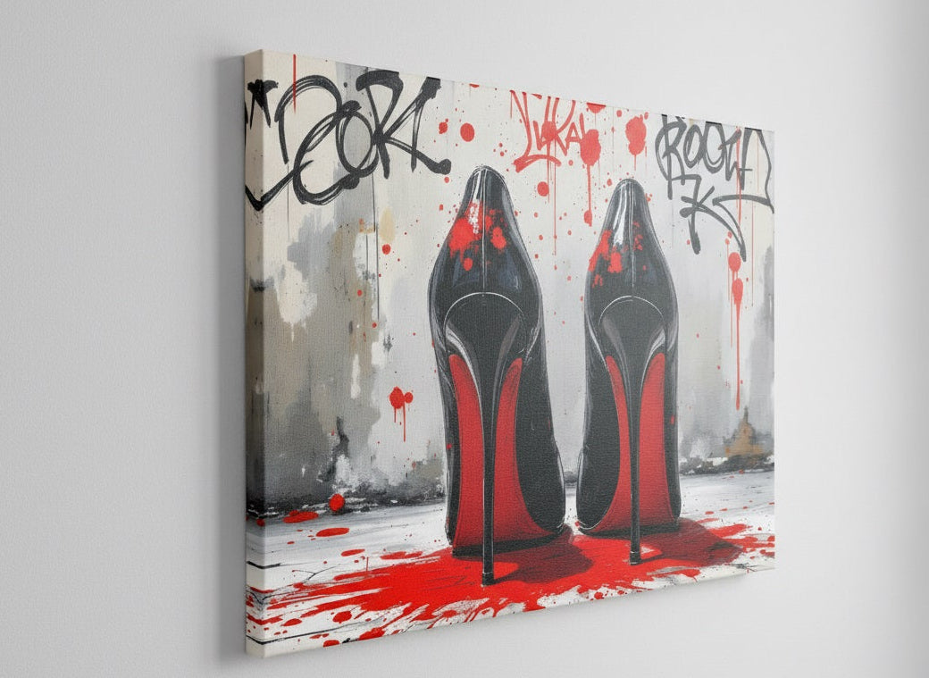 Toile représentant des escarpins pop art rouges noir style street art
