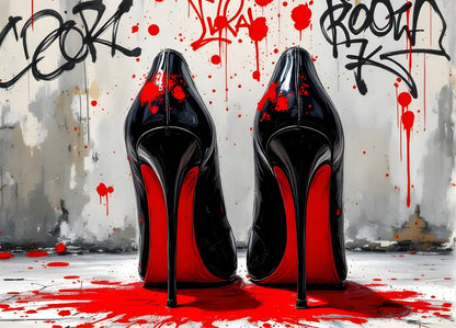 Tableau pop art escarpins rouges noir style street art
