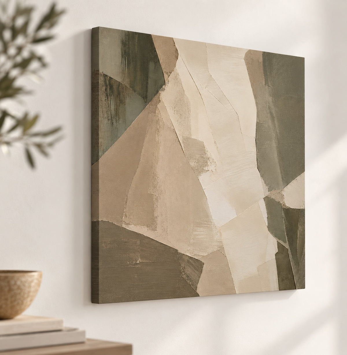 Tableau Strates sur toile aux nuances beige, ivoire, taupe et kaki
