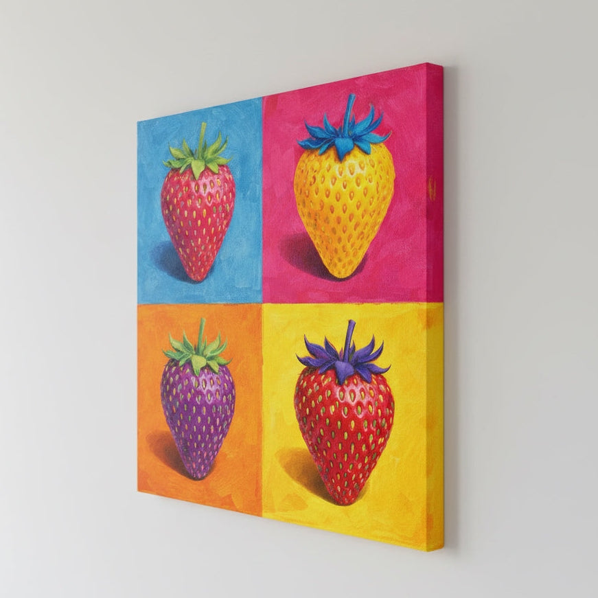 détail composition graphique fraises multicolores fond saturé style pop art revisité
