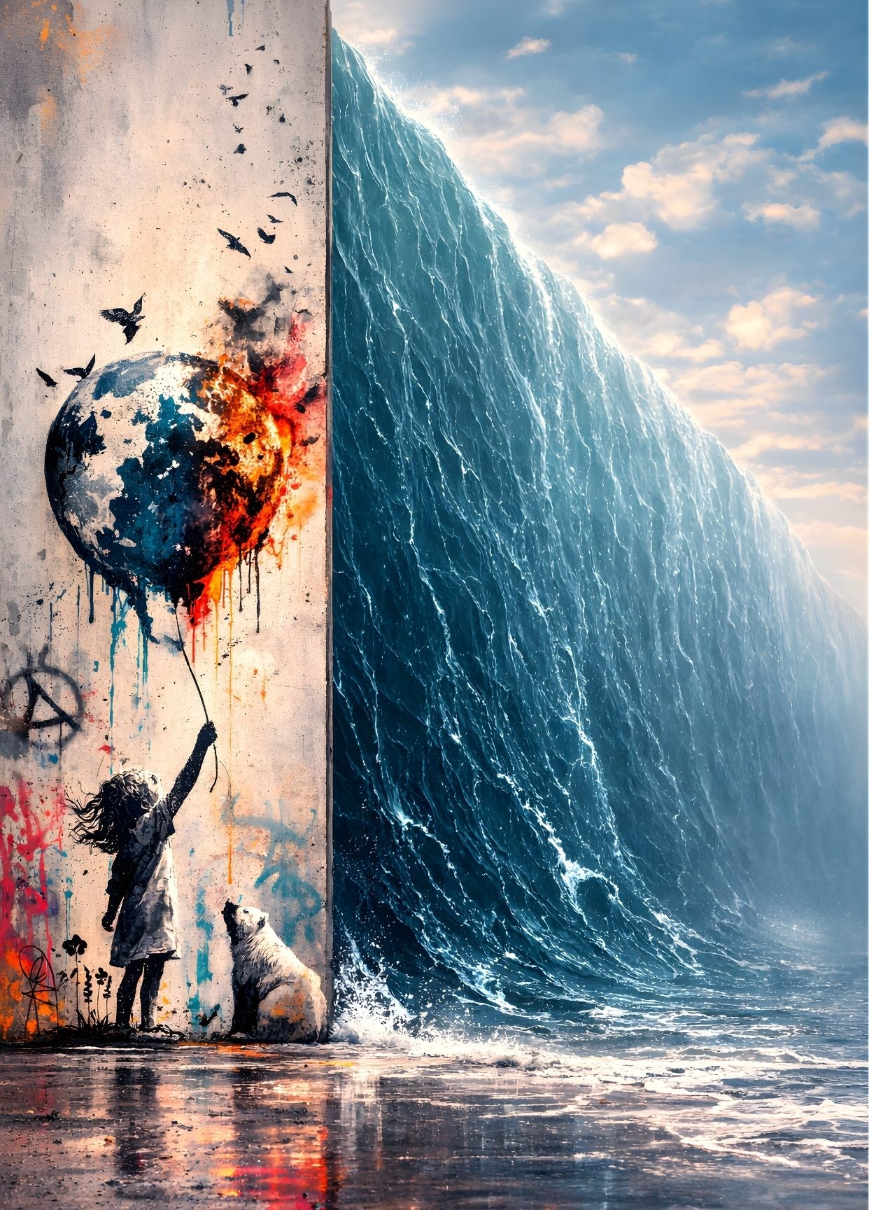 Tableau street art enfant tenant ballon planète fissuré face à vague géante océan
