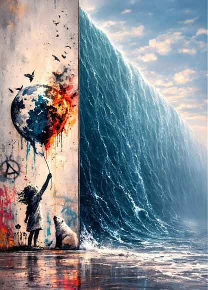 Tableau street art enfant tenant ballon planète fissuré face à vague géante océan
