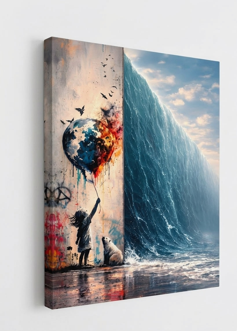 Vue toile tableau street art enfant ballon planète impression artistique
