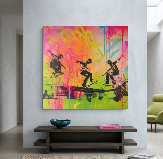 Tableau skateboard street art dans un intérieur contemporain, création exclusive Iconik-Art
