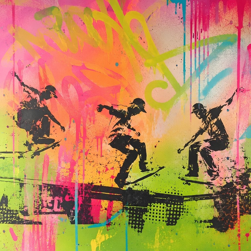 Tableau street art représentant des skateurs sur fond de graffiti multicolore

