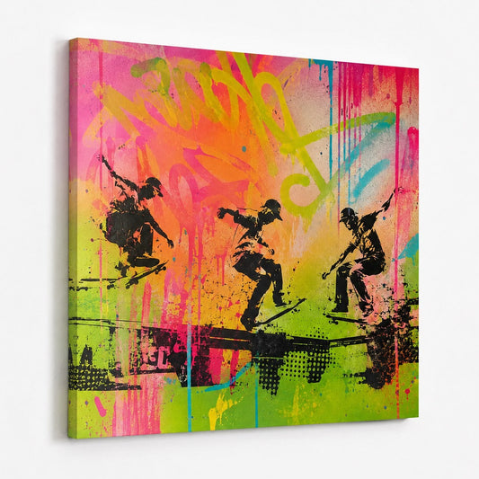 Vue de profil du tableau skateboard street art imprimé en haute définition
